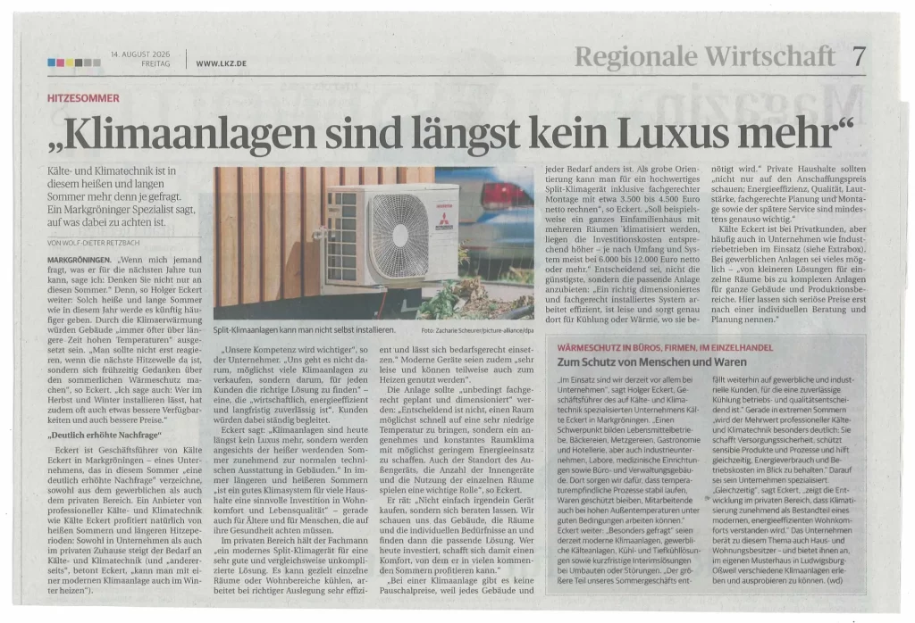 Zeitungsartikel über Klimaanlagen mit dem Titel "Klimaanlagen sind längst kein Luxus mehr"